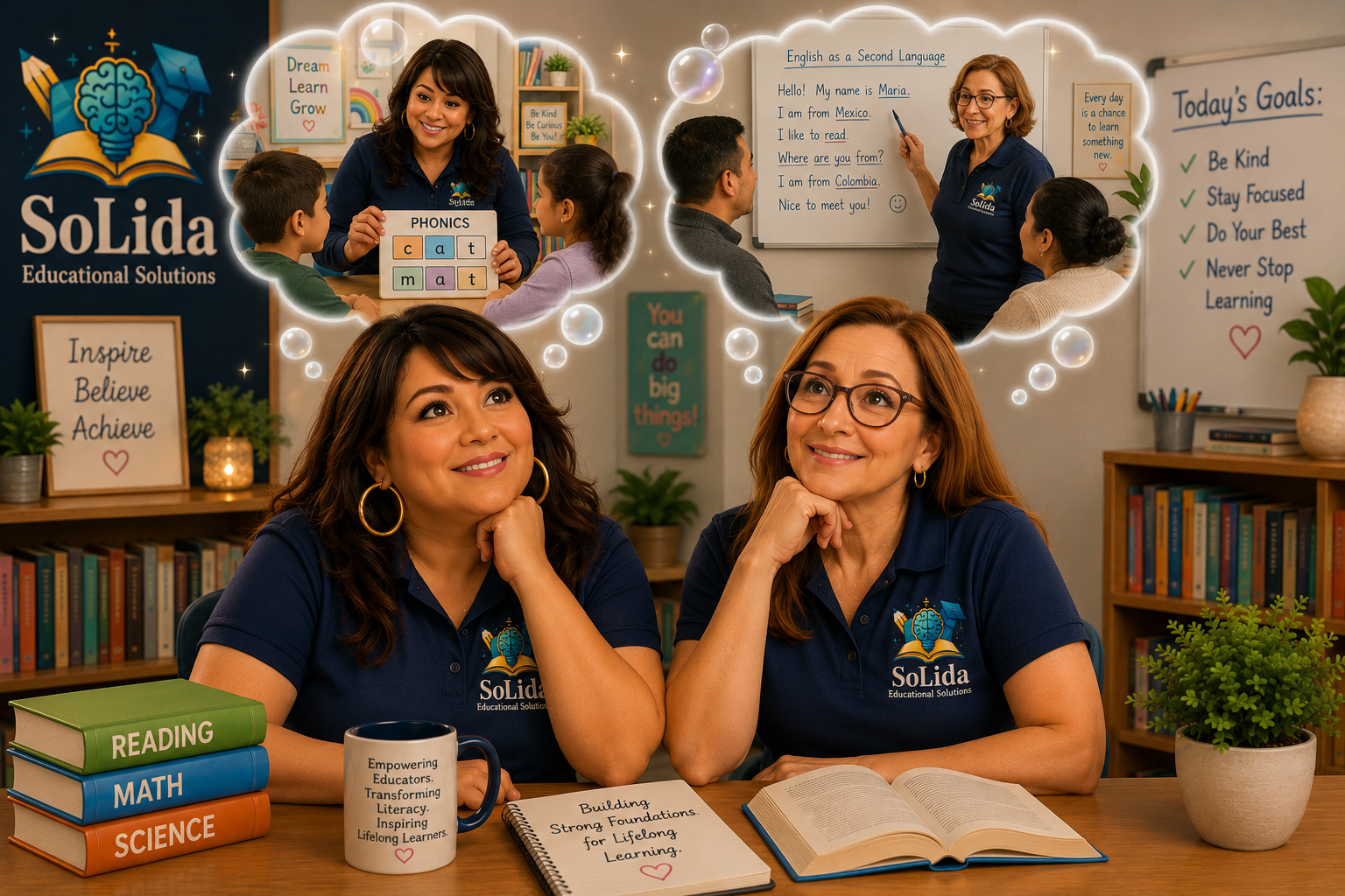 Two SoLida educators at a desk, envisioning phonics and ESL classroom sessions